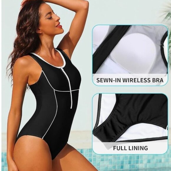 Athletic One Piece Swimsuit Zipper Racerback Bathing Suit Swimwear - Picture 5 of 9